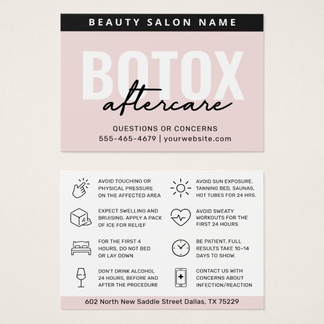 Blush Botox Injection Aftercare Instruction Card (Front & Back)