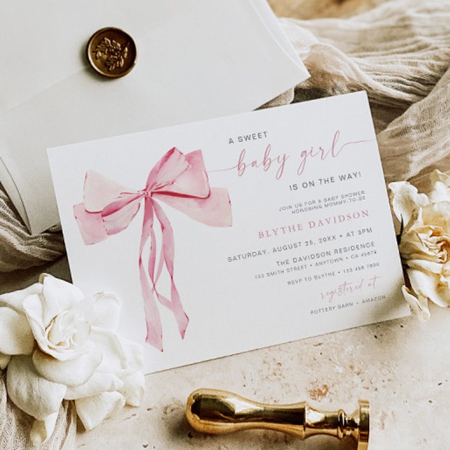 Blush Bow Baby Shower Invitation Girl Pink Ribbon  (Creator Uploaded)