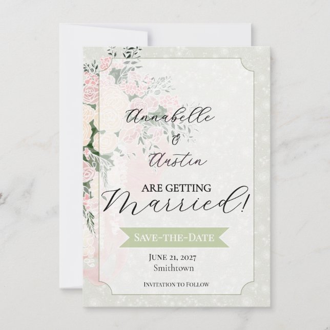 Blush Bow Rose Wisteria Cascading Bouquet Save The Date (Front)