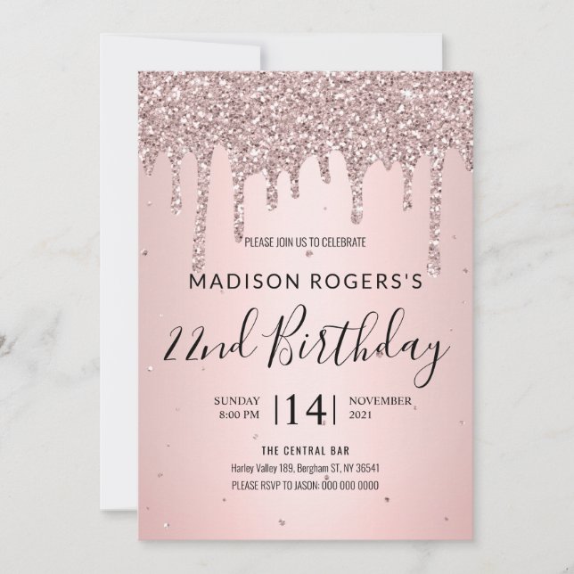 Blush bronze young girl lady glitter invitation (Front)