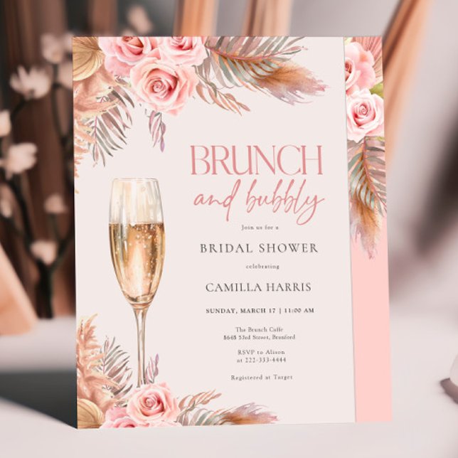 Blush Brunch and Bubbly Pampas Grass Bridal Shower Invitation (Creator Uploaded)