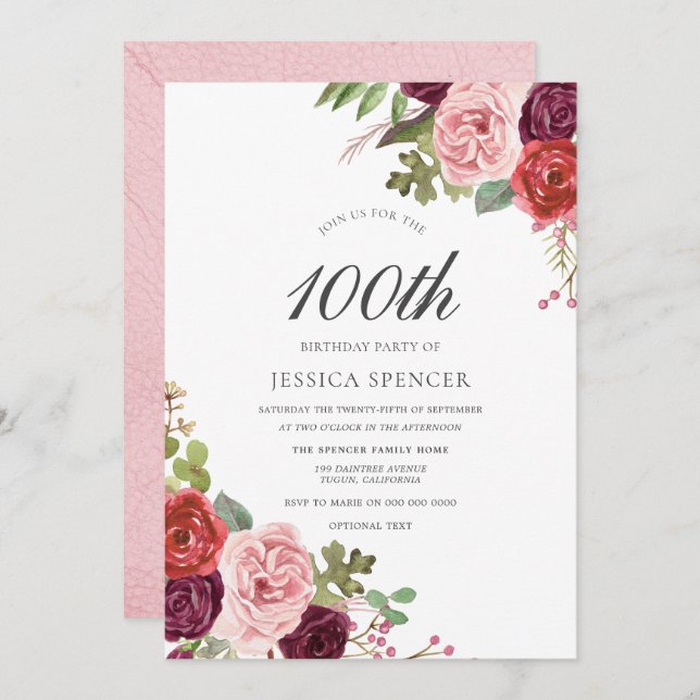 Blush & Burgundy 100th Birthday Party Invite (Front/Back)