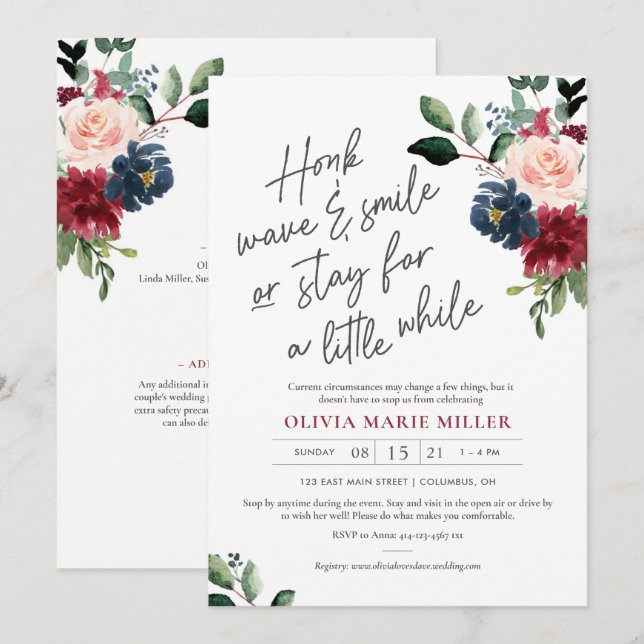 Blush Burgundy and Navy Drive By Bridal Shower Invitation (Front/Back)