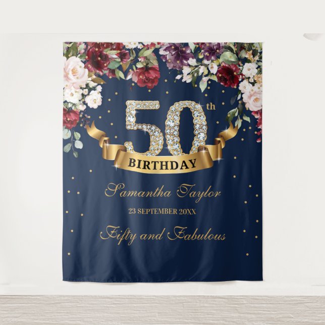 Blush burgundy and pink floral 50th birthday tapestry (Front)