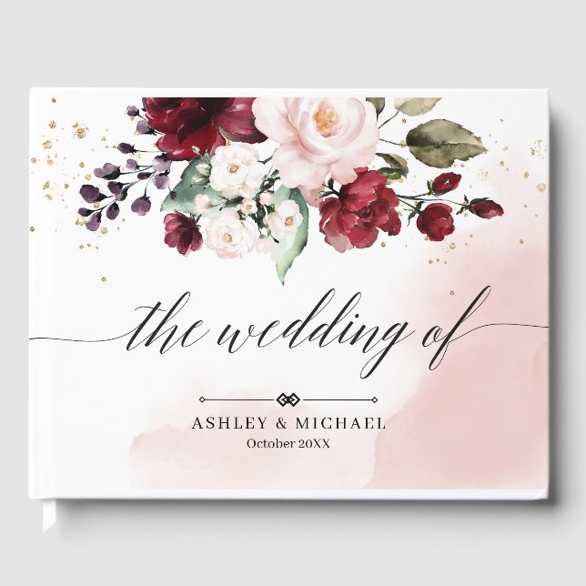 Blush Burgundy and Pink Floral Wedding Guest Book (Front)
