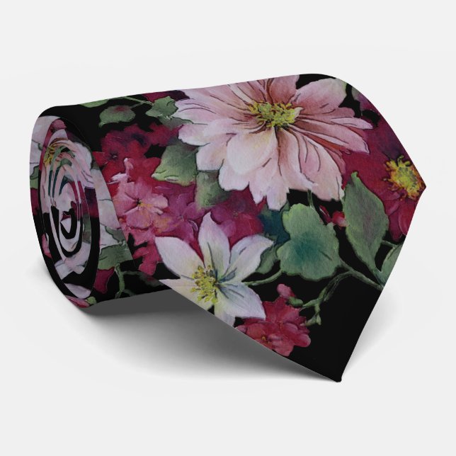 Blush Burgundy Black Floral Wedding Tie (Rolled)