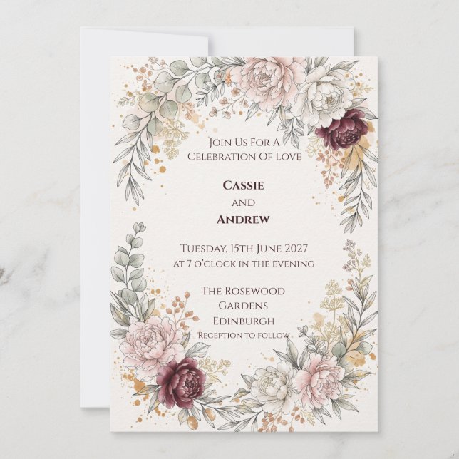 Blush Burgundy Botanical Wedding Invitation (Front)