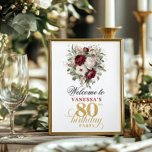 Blush burgundy floral 80th birthday 8x10 welcome poster