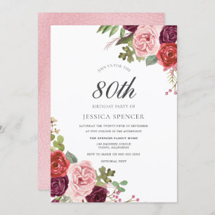 Blush & Burgundy Floral 80th Birthday Party Invite