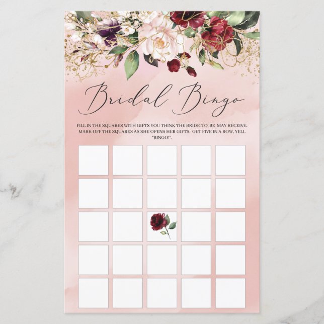 Blush Burgundy Floral Boho Bridal Bingo Game (Front)