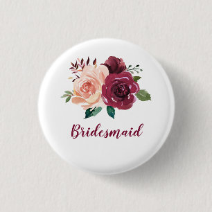 Blush Burgundy Floral Bridesmaid 3 Cm Round Badge