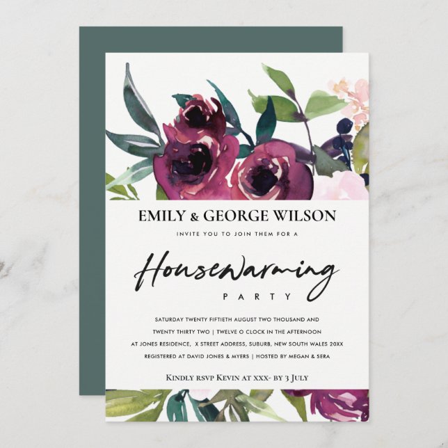 BLUSH BURGUNDY FLORAL BUNCH HOUSEWARMING PARTY INVITATION (Front/Back)