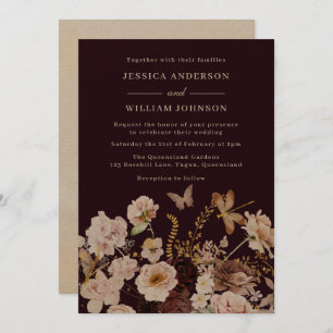 Blush & Burgundy Floral Butterflies Fall Wedding Invitation