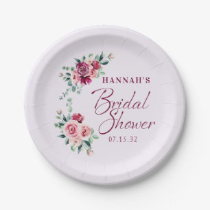 Blush Burgundy Floral Cake Bridal Shower Paper Plate