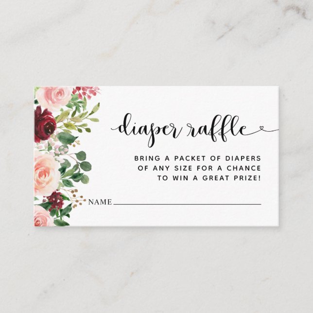 Blush Burgundy Floral Diaper Raffle Ticket Enclosure Card (Front)