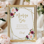 Blush Burgundy Floral Geometric Mimosa Bar Sign<br><div class="desc">This elegant bridal shower suite features a burgundy and blush bouquet set within a modern gold geometric frame. This suite includes enclosure cards, signs, and personalised party supplies like napkins. If you need assistance with personalisation, including colour or wording changes, or if you notice a missing item, please don't hesitate...</div>