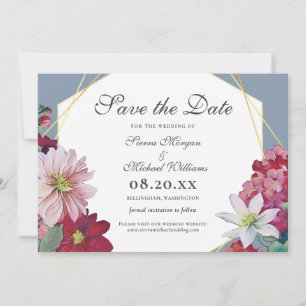 Blush Burgundy Floral Gold Dusty Blue Wedding Save The Date