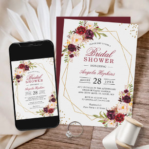 Blush Burgundy Floral Gold Frame Bridal Shower Invitation