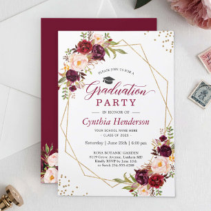 Blush Burgundy Floral Gold Frame Graduation Party Invitation