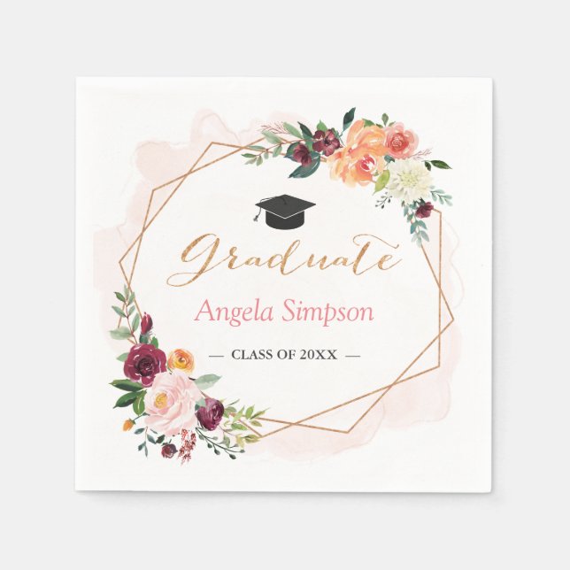 Blush Burgundy Floral Gold Frame Graduation Party Napkin (Front)