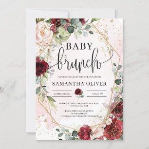 Blush burgundy floral gold geometric baby brunch invitation