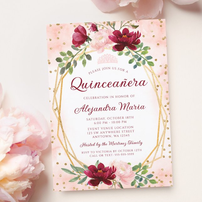 Blush Burgundy Floral Gold Geometric Quinceanera Invitation (Creator Uploaded)