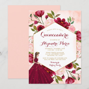 Blush Burgundy Floral Gold Gown Quinceanera Invitation
