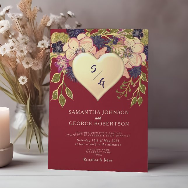 Blush Burgundy Floral Gold Heart Invitation (Creator Uploaded)