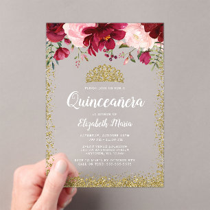Blush Burgundy Floral Gold Tiara Quinceanera Acrylic Invitations