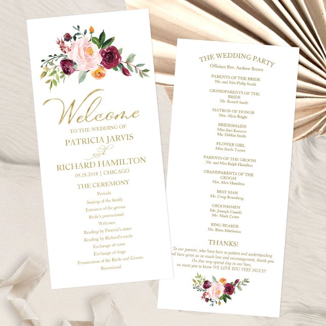 Blush Burgundy Floral Gold Wedding Program (Creator Uploaded)