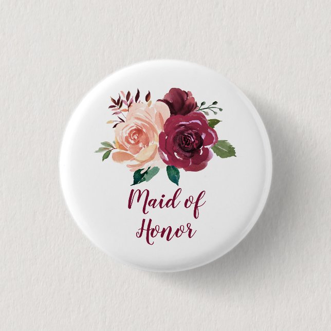 Blush Burgundy Floral Maid Of Honour 3 Cm Round Badge (Front)