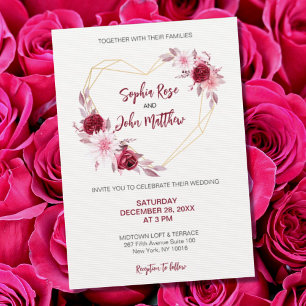 Blush Burgundy Floral Modern Geometric Gold Heart Invitation