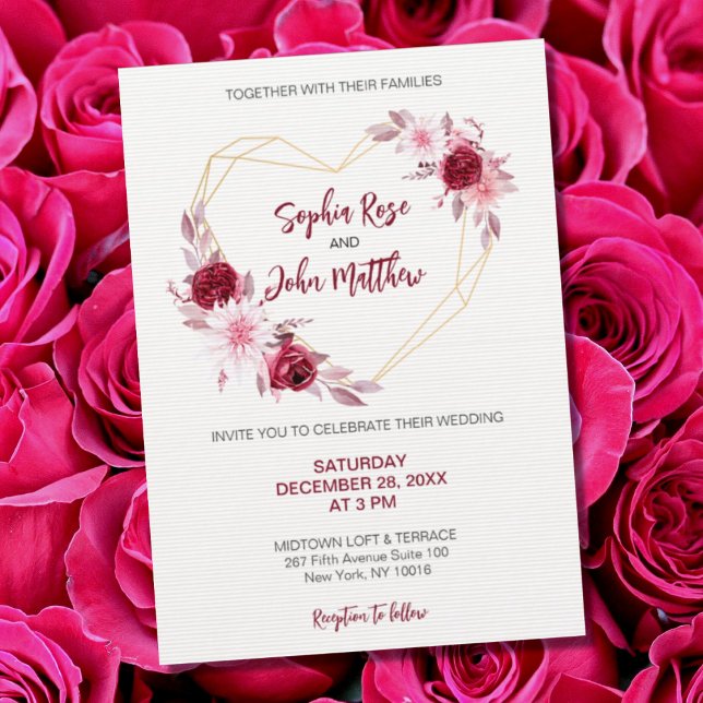 Blush Burgundy Floral Modern Geometric Gold Heart Invitation (Creator Uploaded)