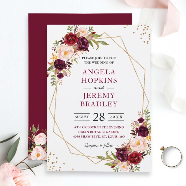 Blush Burgundy Floral Modern Gold Frame Wedding Invitation (Creator Uploaded)