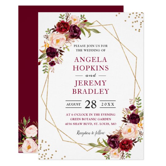 Blush Burgundy Floral Modern Gold Frame Wedding Invitation 