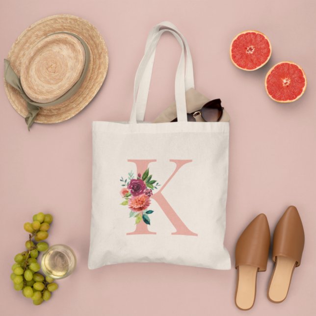 Blush Burgundy Floral Monogram Initial Tote Bag (Creator Uploaded)