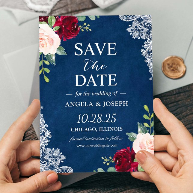 Blush Burgundy Floral Navy Blue Lace Wedding Save The Date (Creator Uploaded)