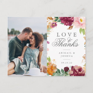 Blush Burgundy Floral Photo Wedding Thank You Postcard