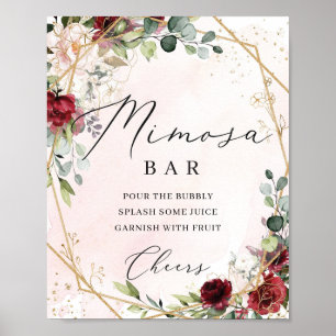 Blush burgundy floral roses gold mimosa bar sign