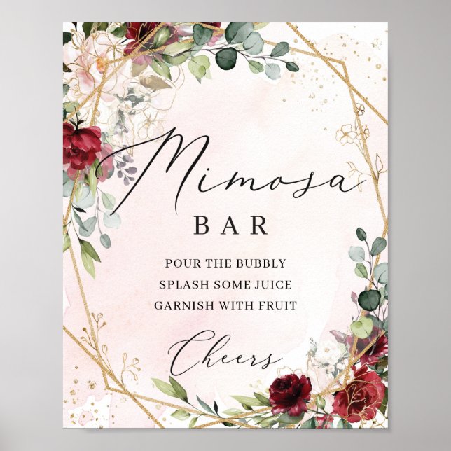 Blush burgundy floral roses gold mimosa bar sign (Front)