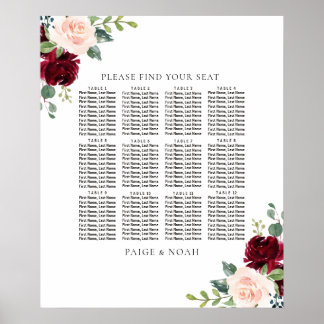 Blush Burgundy Floral Table Seating Chart Wedding