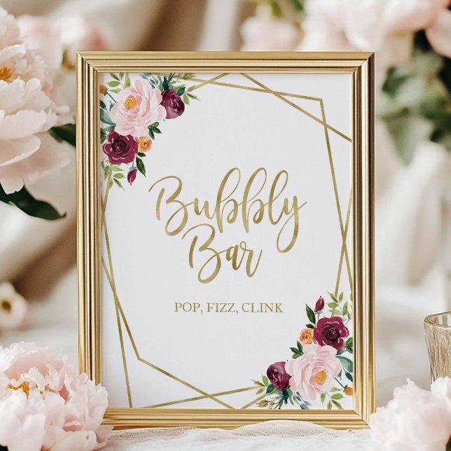 Blush Burgundy Floral Watercolor Bubbly Bar Sign (Creator Uploaded)