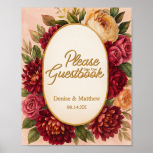 Blush Burgundy Floral Watercolor Wedding Poster