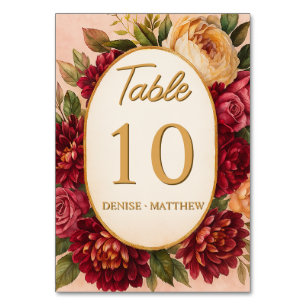 Blush Burgundy Floral Watercolor Wedding Table Number