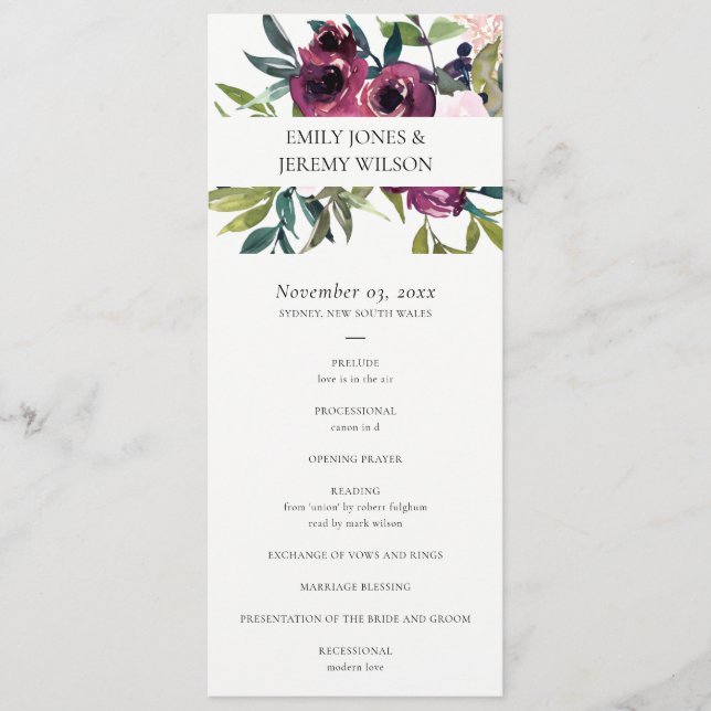 BLUSH BURGUNDY FLORAL WEDDING CEREMONY PROGRAM (Front)