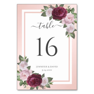 Blush Burgundy Floral Wedding Table Number