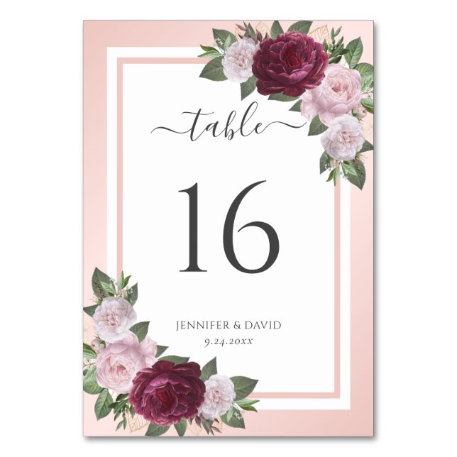 Blush Burgundy Floral Wedding Table Number (Front)