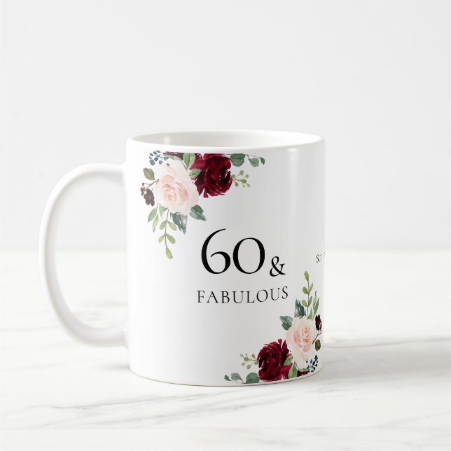 Blush Burgundy Flowers 60th Birthday Party Gift Coffee Mug (Left)