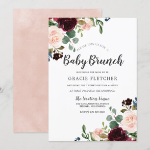 Blush & Burgundy Flowers Baby Shower Brunch Invitation