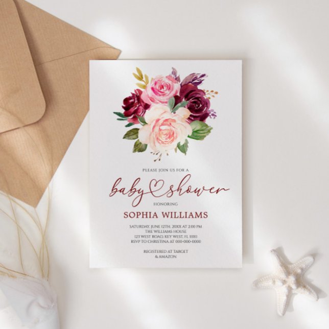 Blush Burgundy Flowers Baby Shower Invitation (Creator Uploaded)
